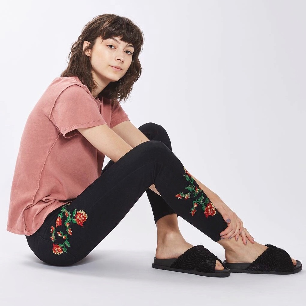 Topshop Jamie Embroidered Floral Denim